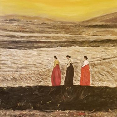 106 The three women at the sunset, acrylic, 50×70 cm (2018)