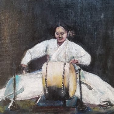 La musicienne jouant du tambour coréen – acrylique, 25×25 cm (2020)
