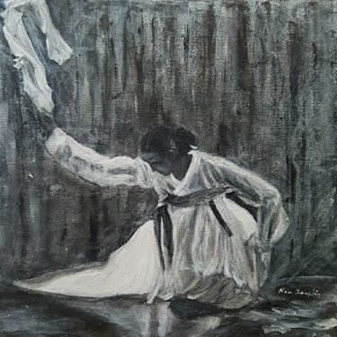 La dame au foulard blanc, dans la nuit acrylique, 25×25 cm (2020)