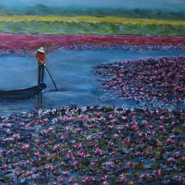 Champ de fleurs de lotus – acrylique, 90×60 cm (2015)