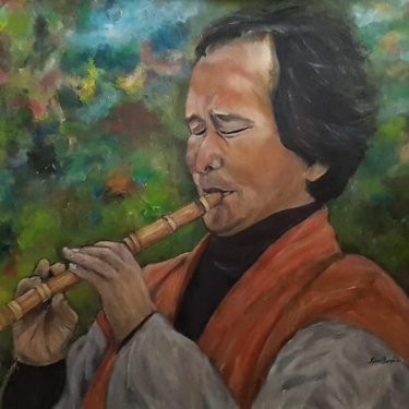 Sea Hong playing danso, acrylic, 60×60 cm (2018)